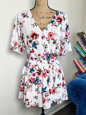 White Floral V-Neck Wrap Romper